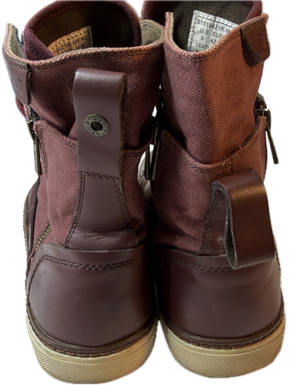 Levis Mens Burgundy Leather Canvas High Top Boots Lace Up Side Zip Casual Sneake - Picture 3 of 8